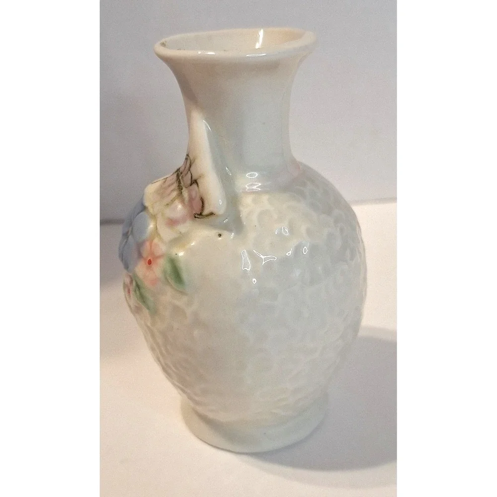 Vintage Miniature Porcelain Bud Vase Floral Butterfly Relief White Blue 4 Inch